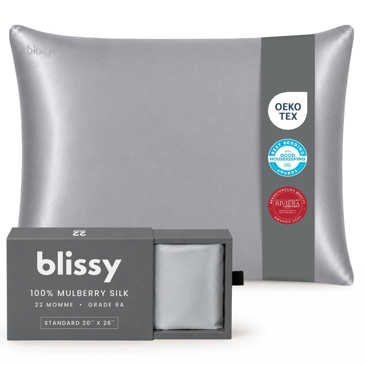 Blissy Silk Pillowcase - 100% Pure Mulberry Silk - 22 Momme 6A High-Grade Fibers - Silk Pillow Cover for Hair & Skin - Regular, Queen & King (Blissy White, Standard)