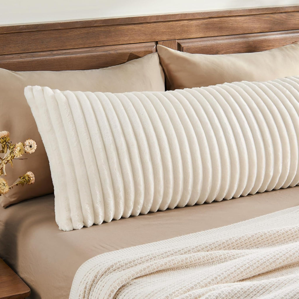 BEDELITE Fluffy Striped Body Pillow Cover with Zipper, Cream White, 20x54
