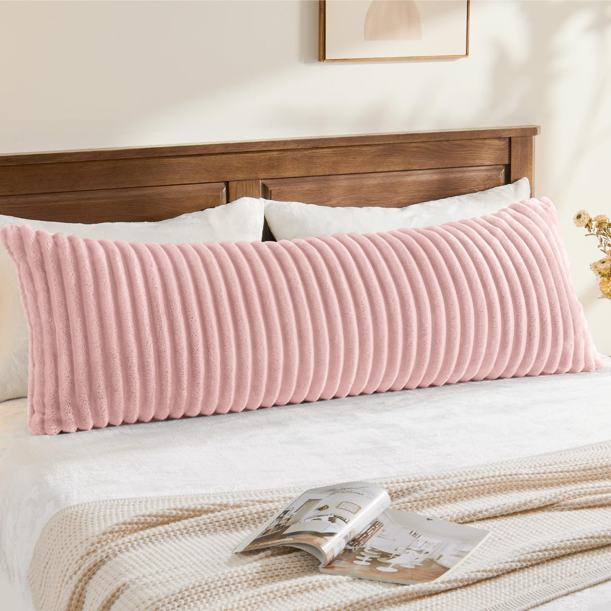 BEDELITE Fluffy Striped Body Pillow Cover with Zipper, Cream White, 20x54