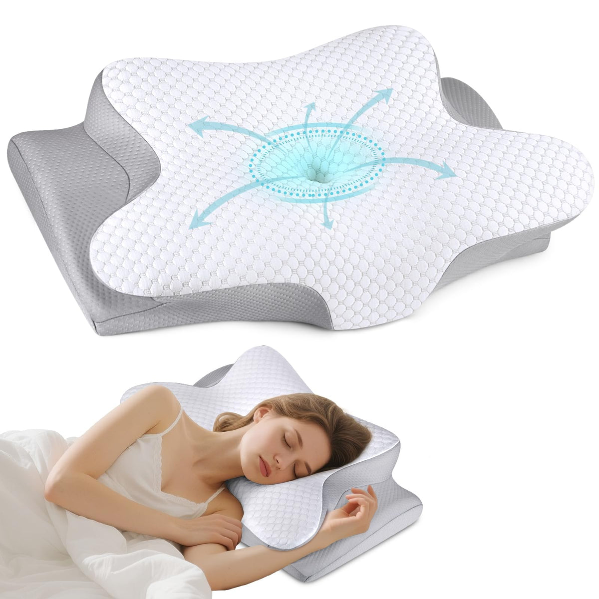 Cervical Pillow for Neck Pain Relief, Ergonomic Neck Pillow for Sleeping, Contour Side Sleeper Pillow for Neck Support, Orthopedic Cooling Memory Foam Pillows for Back Stomach Sleepers (Grey& White)