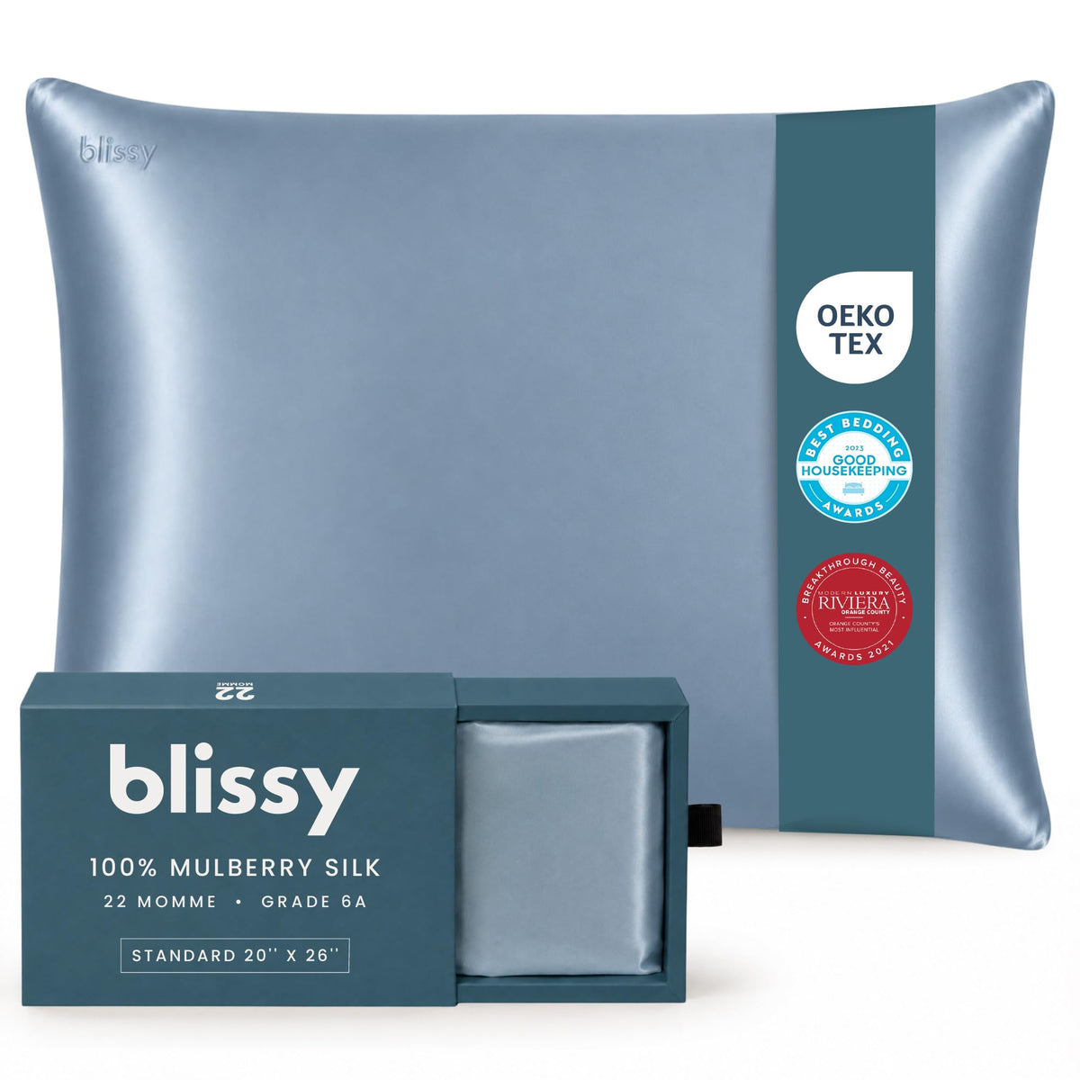 Blissy Silk Pillowcase - 100% Pure Mulberry Silk - 22 Momme 6A High-Grade Fibers - Silk Pillow Cover for Hair & Skin - Regular, Queen & King (Blissy White, Standard)