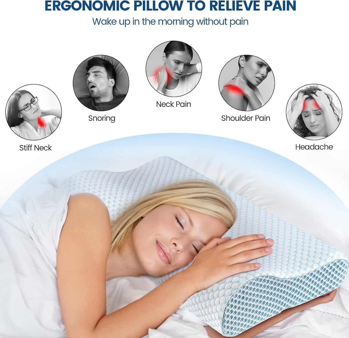 Polovo Neck Pillow Memory Foam Pillows for Sleeping, Ergonomic Cervical Pillow Neck Support Pillow Bed Pillow for Side Back Stomach Sleepers, Contour Pillow for Neck and Shoulder Pain Relief (Blue)