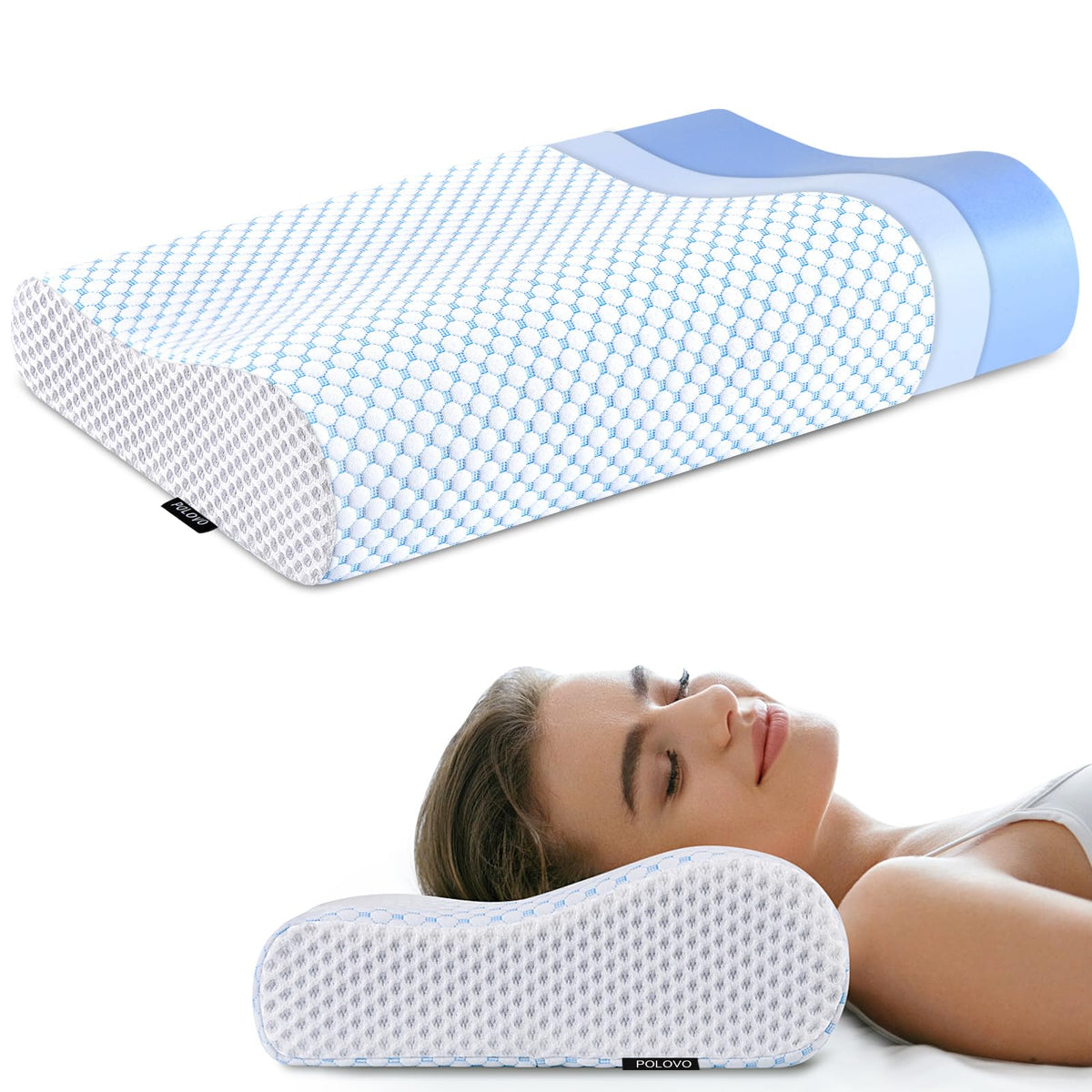 Polovo Neck Pillow Memory Foam Pillows for Sleeping, Ergonomic Cervical Pillow Neck Support Pillow Bed Pillow for Side Back Stomach Sleepers, Contour Pillow for Neck and Shoulder Pain Relief (Blue)