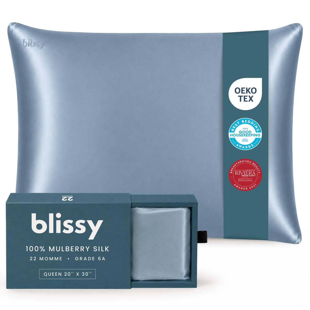 Blissy Silk Pillowcase - 100% Pure Mulberry Silk - 22 Momme 6A High-Grade Fibers - Silk Pillow Cover for Hair & Skin - Regular, Queen & King (Blissy White, Standard)