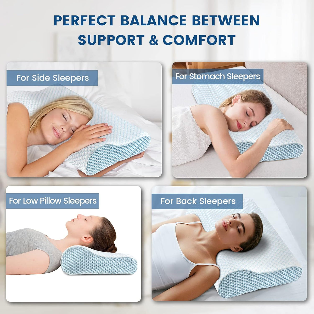 Polovo Neck Pillow Memory Foam Pillows for Sleeping, Ergonomic Cervical Pillow Neck Support Pillow Bed Pillow for Side Back Stomach Sleepers, Contour Pillow for Neck and Shoulder Pain Relief (Blue)