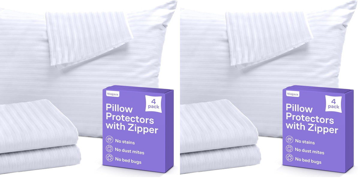 Set of 4 Pillow Protectors with Zipper Queen Size - 100% Resistant to Stains, Dust & Dirt - Washable Covers for Increased Pillow Lifespan