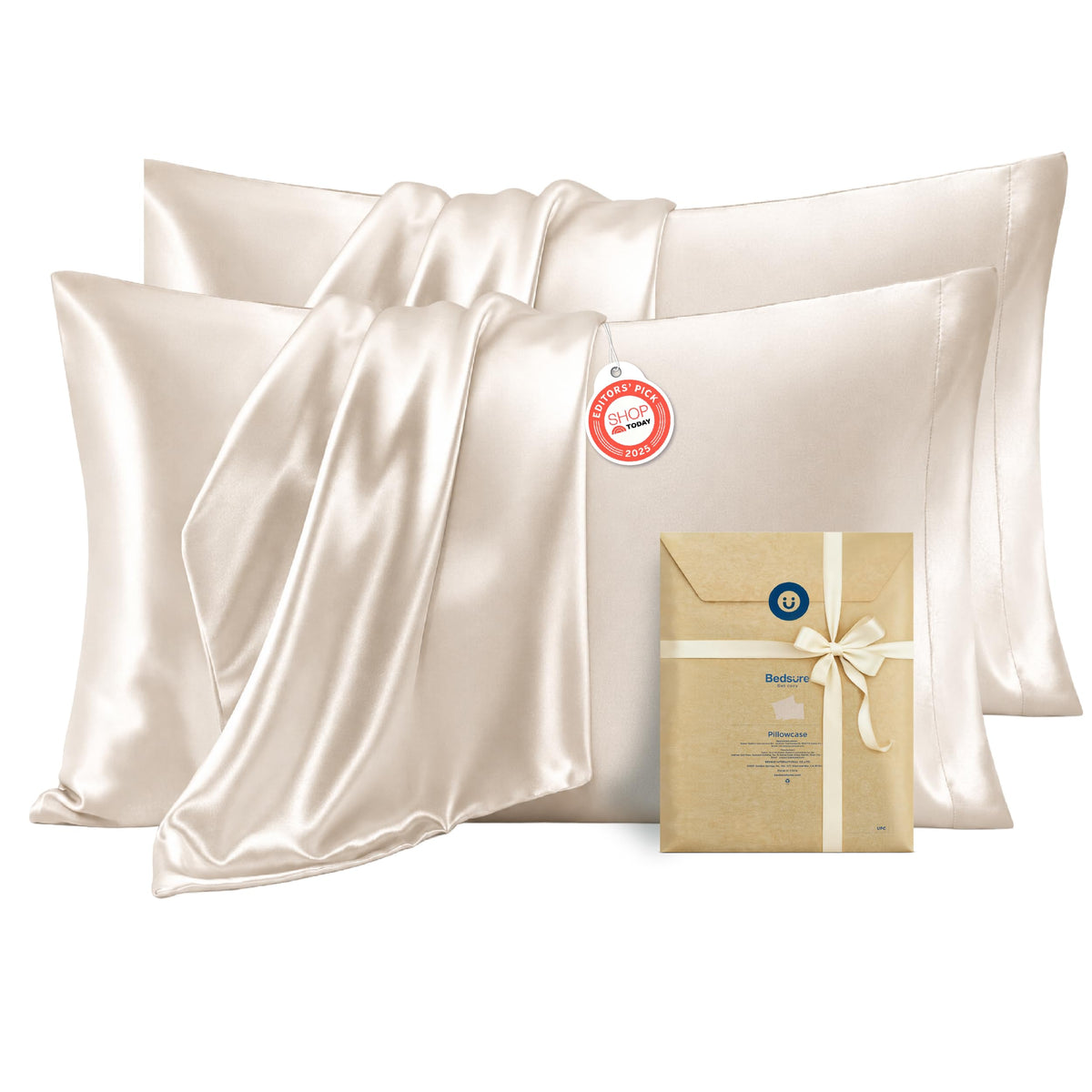 Bedsure Satin Pillowcase Standard Set of 2, Silky Pillow Cases, Beige