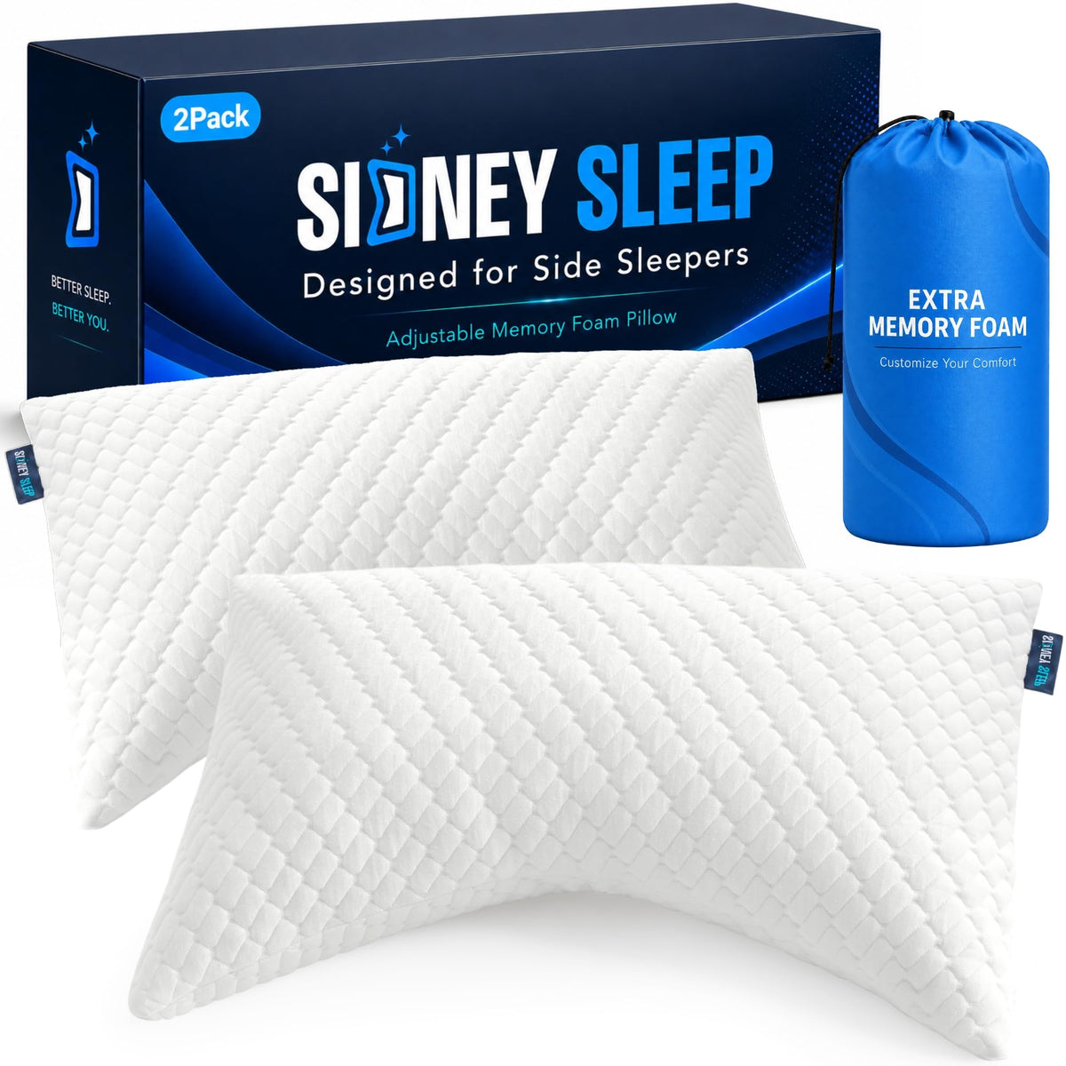 Sidney Sleep Adjustable Curved Pillows for Neck and Shoulder Support with Extra Shredded Fill - Cervical Contour Pillow for Side and Back Sleepers - Queen Size 19" x 29" CertiPUR-US Certified (White)