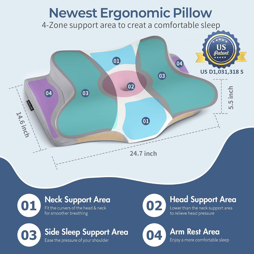 Cervical Pillow for Neck Pain Relief, Ergonomic Neck Pillow for Sleeping, Contour Side Sleeper Pillow for Neck Support, Orthopedic Cooling Memory Foam Pillows for Back Stomach Sleepers (Grey& White)