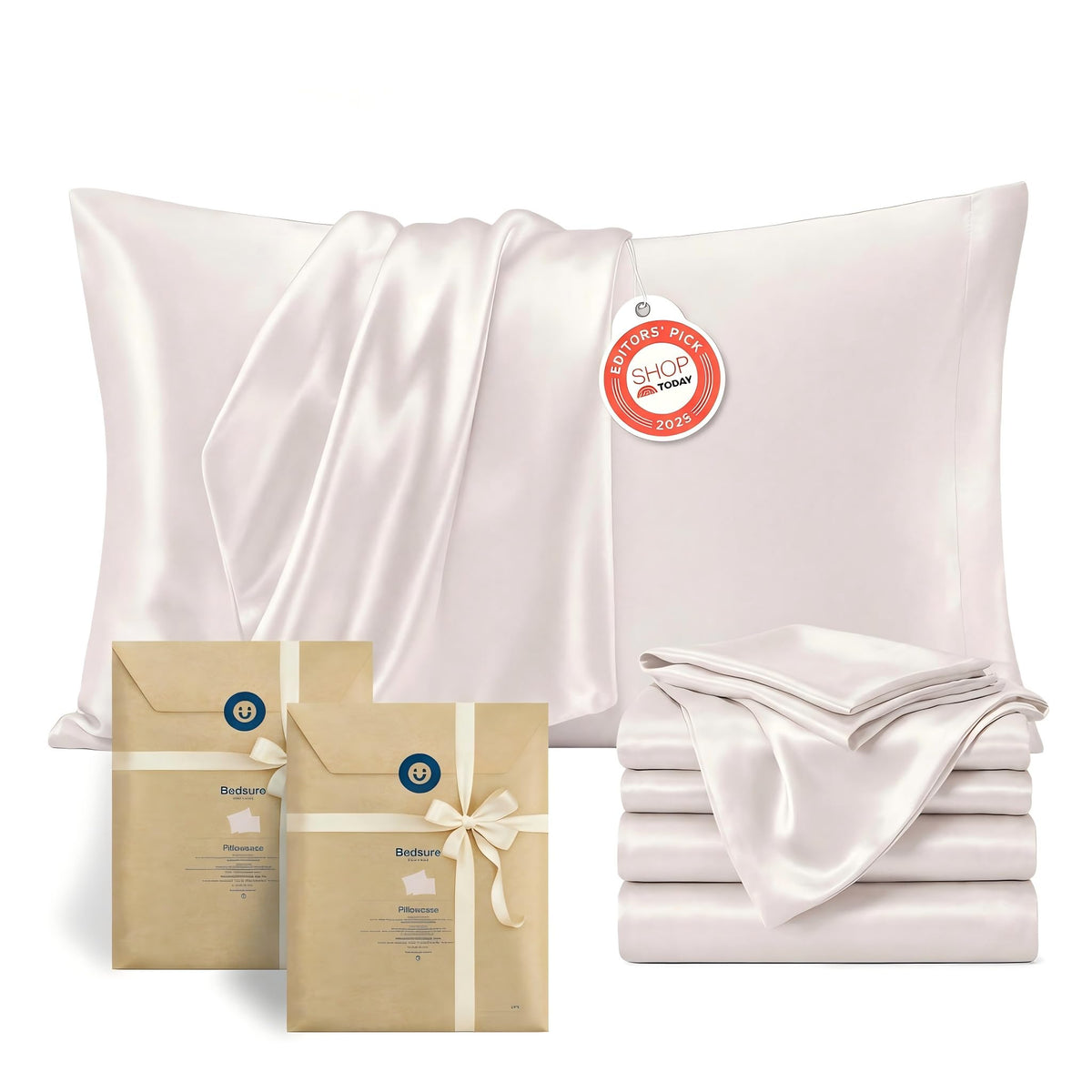 Bedsure Satin Pillowcase Standard Set of 2, Silky Pillow Cases, Beige