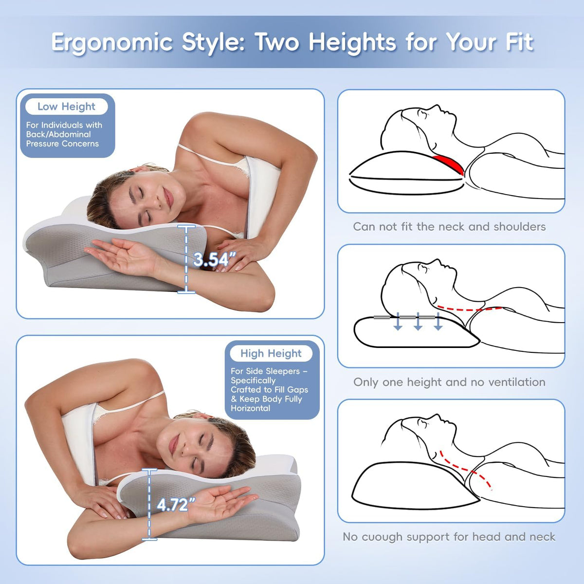Cervical Neck Pillow, Memory Foam Pillows for Neck and Shoulder Pain Relief, 2 Heights Ergonomic Pillow with Breathable Ice Silk Cover, Neck Support Pillow for Side Sleepers,White
