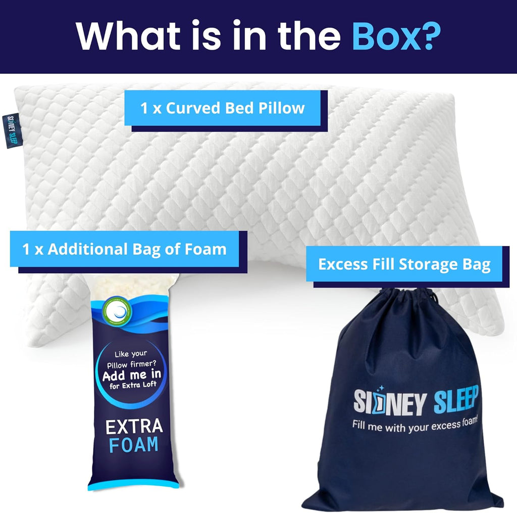 Sidney Sleep Adjustable Curved Pillows for Neck and Shoulder Support with Extra Shredded Fill - Cervical Contour Pillow for Side and Back Sleepers - Queen Size 19" x 29" CertiPUR-US Certified (White)