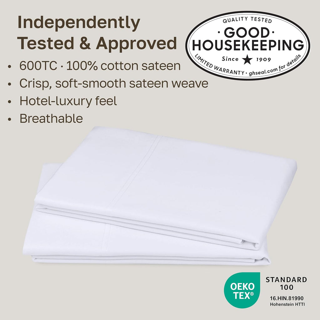 CALIFORNIA DESIGN DEN Luxuriously Soft Hotel Quality 600 Thread Count, 100% Cotton Set of 2 Cases, Crisp & Cool White Standard Pillow Cases Fits Standard & Queen Pillows (Bright White)