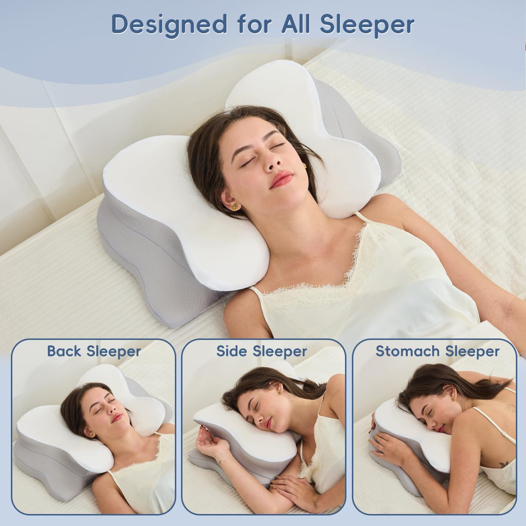 Cervical Neck Pillow, Memory Foam Pillow with Dual Height, White