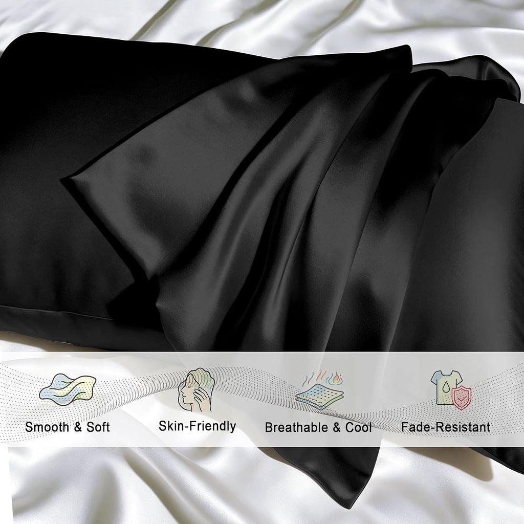 Gabire Mulberry Silk Pillow Cases Set of 2, Both Sides Real Silk Pillowcase for Hair and Skin Prevent Acne Pillowcase Organic Silk Pillowcase 2 Pack with Hidden Zipper, Black, Standard (20"×26")