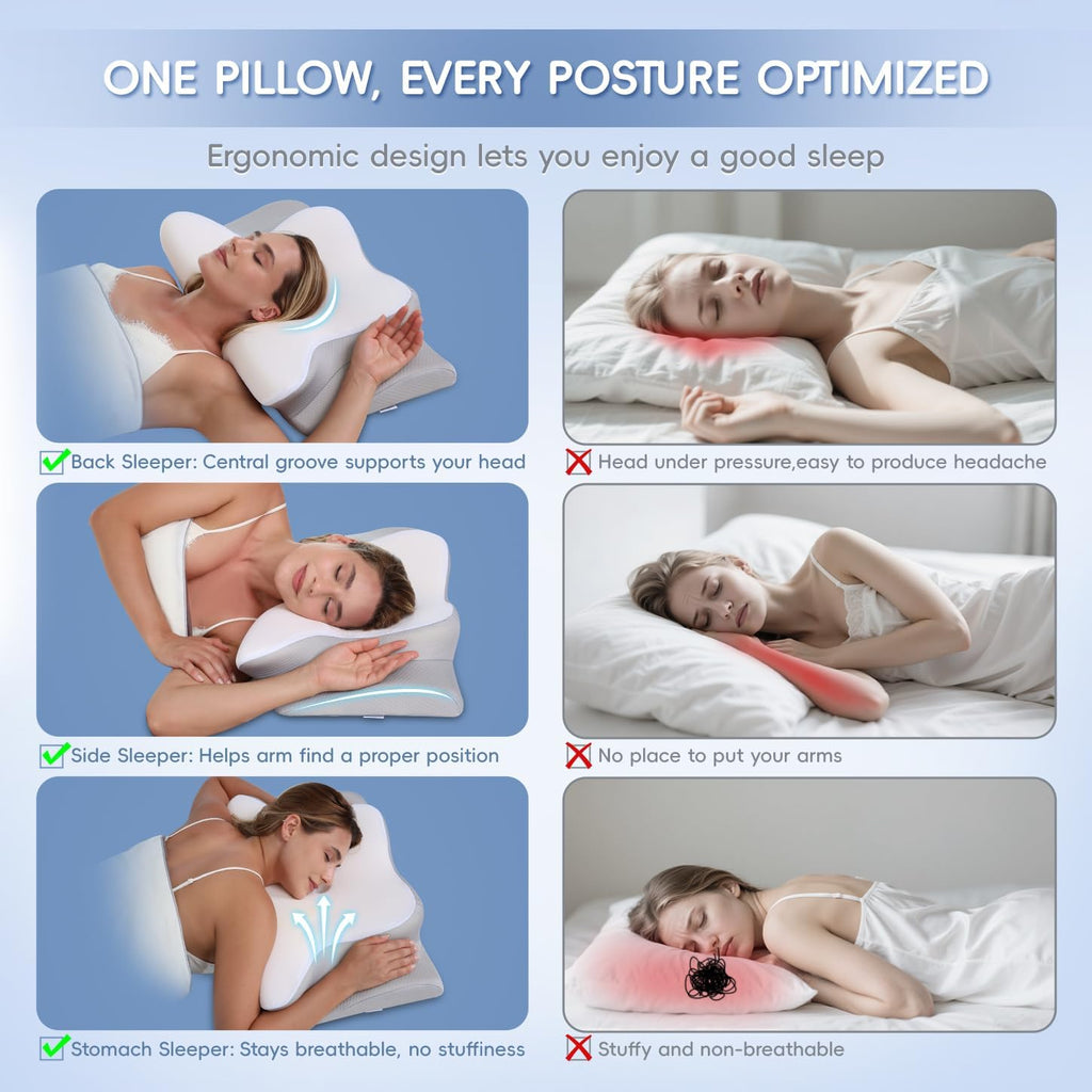 Cervical Neck Pillow, Memory Foam Pillows for Neck and Shoulder Pain Relief, 2 Heights Ergonomic Pillow with Breathable Ice Silk Cover, Neck Support Pillow for Side Sleepers,White