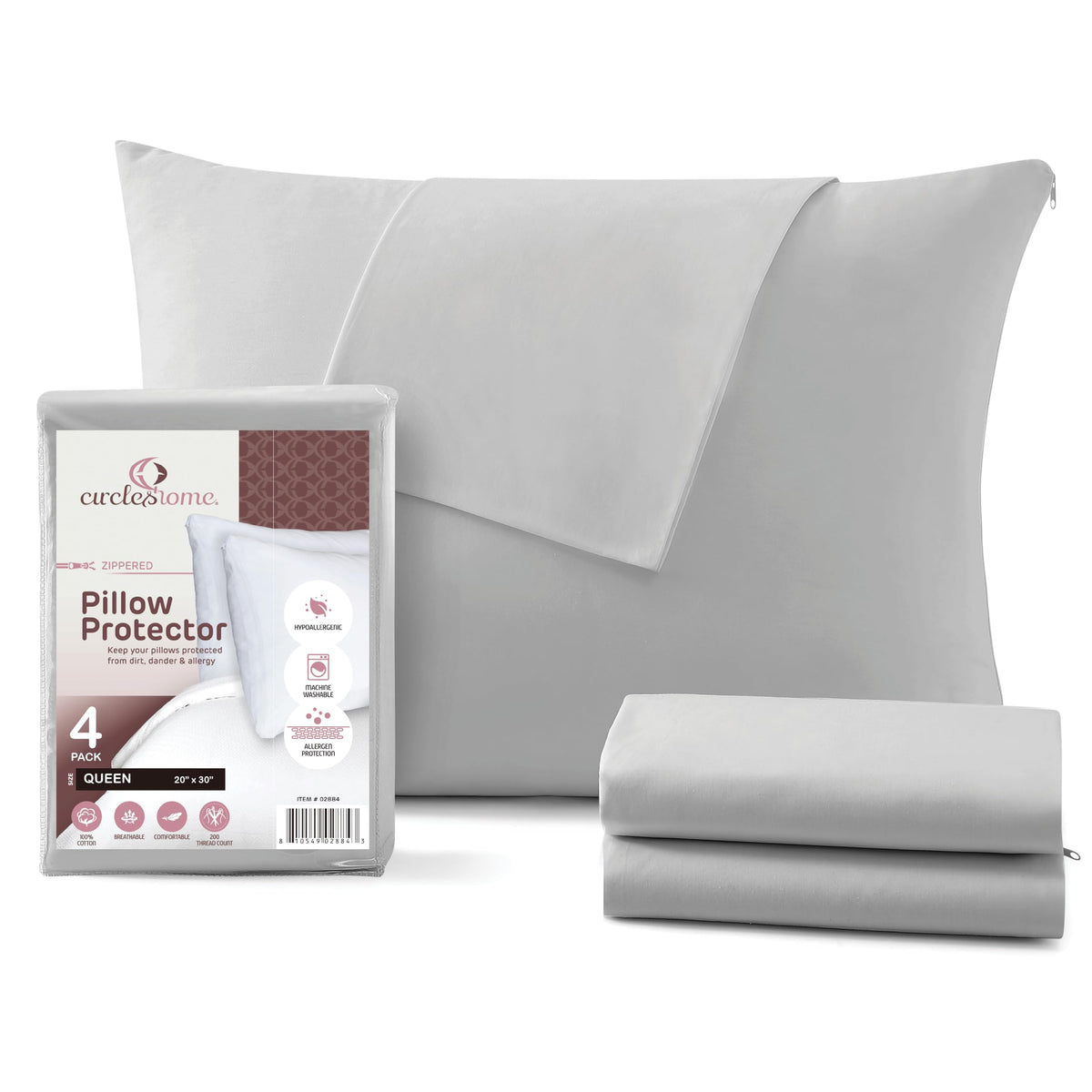 CirclesHome Pillow Protectors 4 Pack Standard Zippered - 100% Cotton Breathable Pillowcases - Protects Pillows from Dirt, Dust and Debri (Standard - Set of 4 - 20x26)