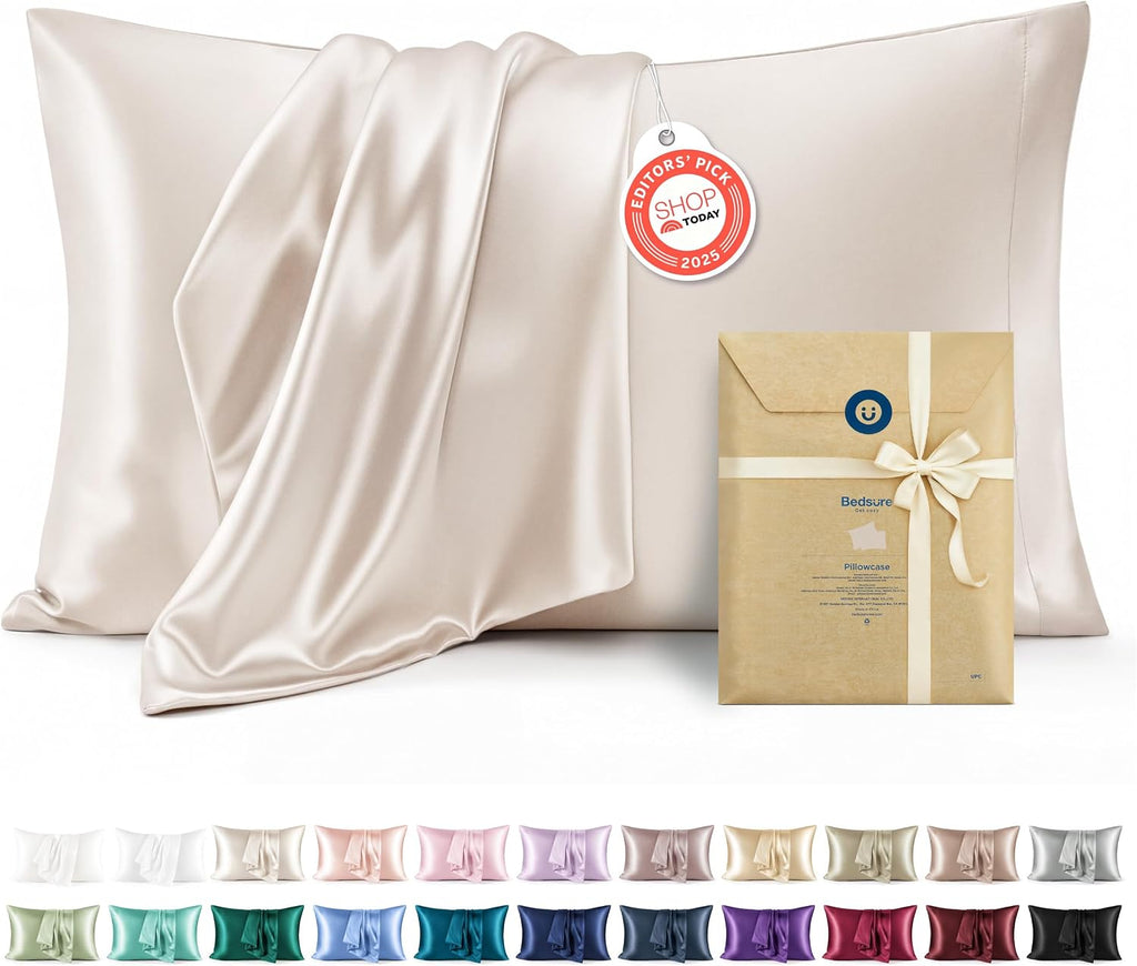Bedsure Satin Pillowcase Standard Set of 2, Silky Pillow Cases, Beige