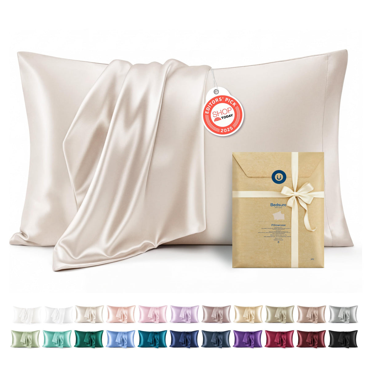 Bedsure Satin Pillowcase Standard Set of 2, Silky Pillow Cases, Beige