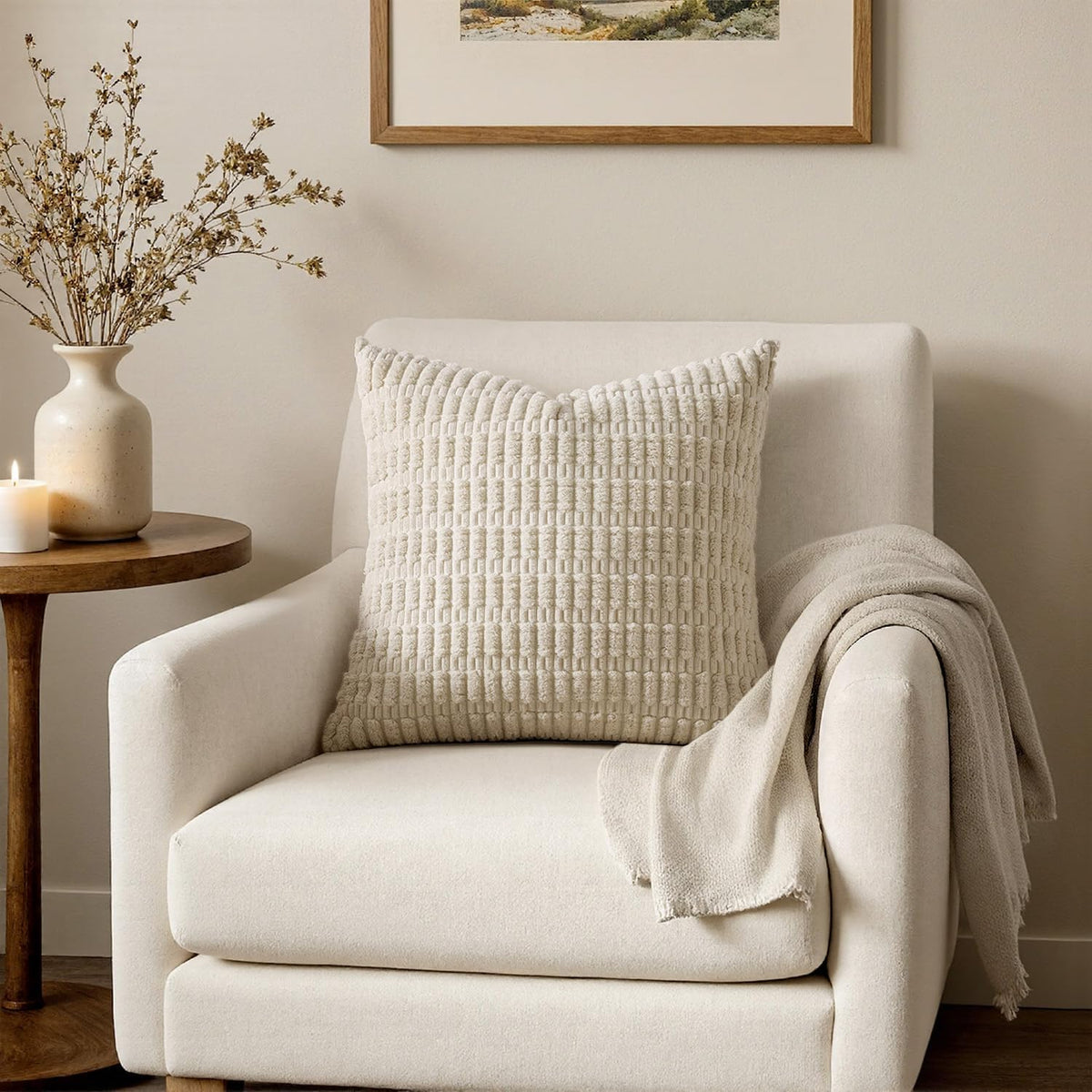 MIULEE Corduroy Decorative Throw Pillow Covers 20x20 Cream White Pack of 2