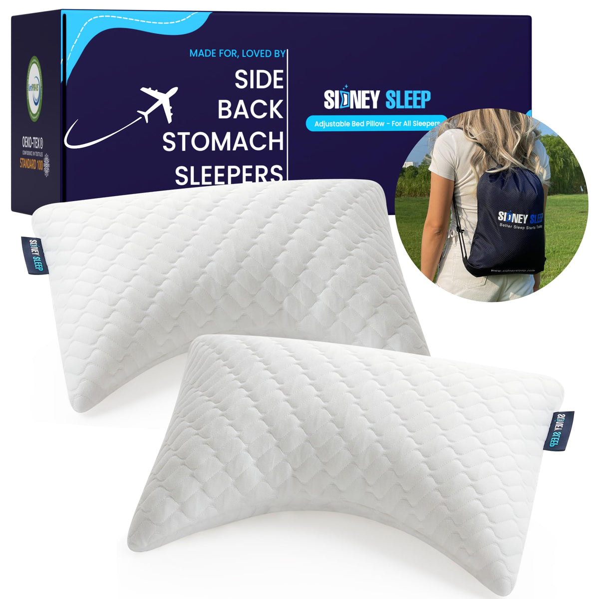 Sidney Sleep Adjustable Curved Pillows for Neck and Shoulder Support with Extra Shredded Fill - Cervical Contour Pillow for Side and Back Sleepers - Queen Size 19" x 29" CertiPUR-US Certified (White)