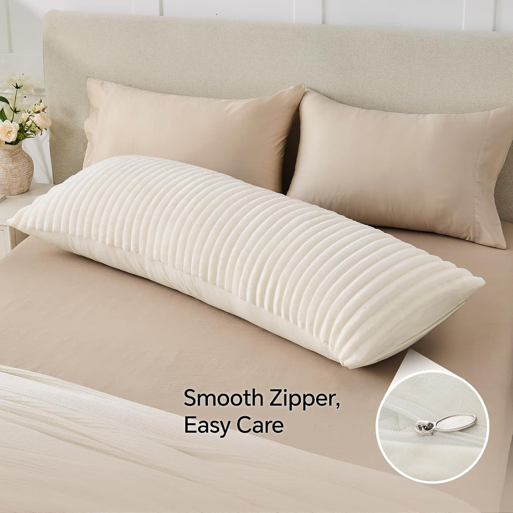 BEDELITE Fluffy Striped Body Pillow Cover with Zipper, Cream White, 20x54