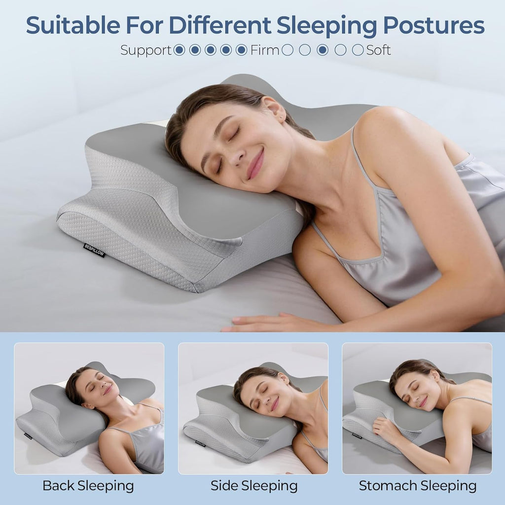 Cervical Pillow for Neck Pain Relief, Ergonomic Neck Pillow for Sleeping, Contour Side Sleeper Pillow for Neck Support, Orthopedic Cooling Memory Foam Pillows for Back Stomach Sleepers (Grey& White)