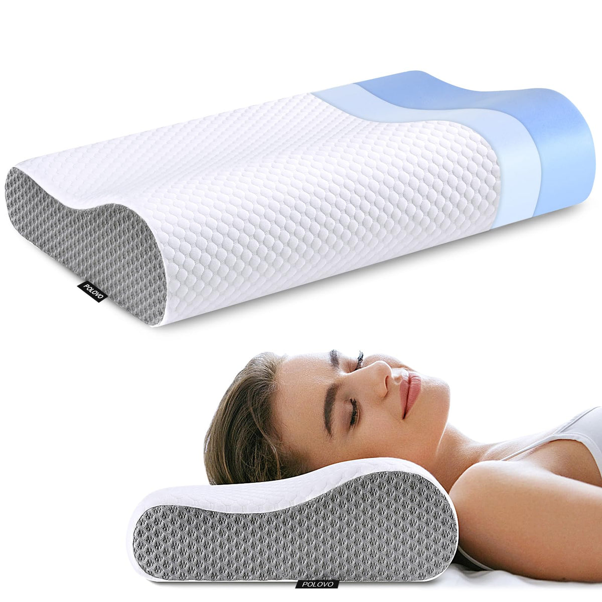 Polovo Neck Pillow Memory Foam Pillows for Sleeping, Ergonomic Cervical Pillow Neck Support Pillow Bed Pillow for Side Back Stomach Sleepers, Contour Pillow for Neck and Shoulder Pain Relief (Blue)