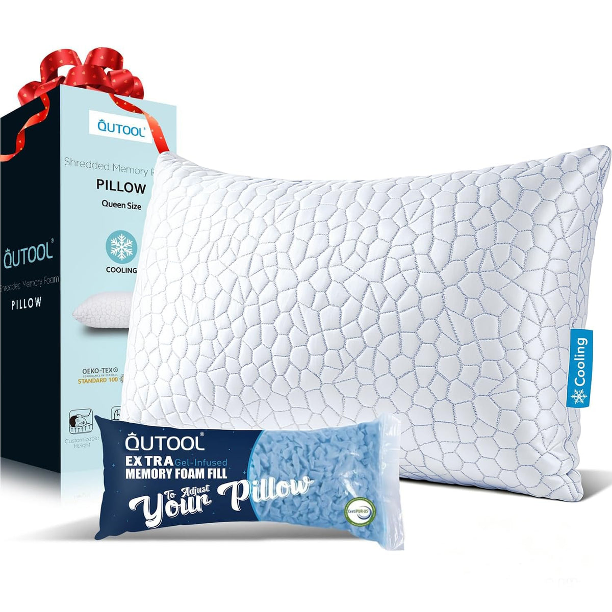 QUTOOL Cooling Pillow for Sleeping, CertiPUR-US Shredded Memory Foam Queen Pillows Set of 2, Cool Pillow for Hot Sleepers Adjustable Firm Pillow for Side, Back, Stomach Sleepers Soft Yet Support,White