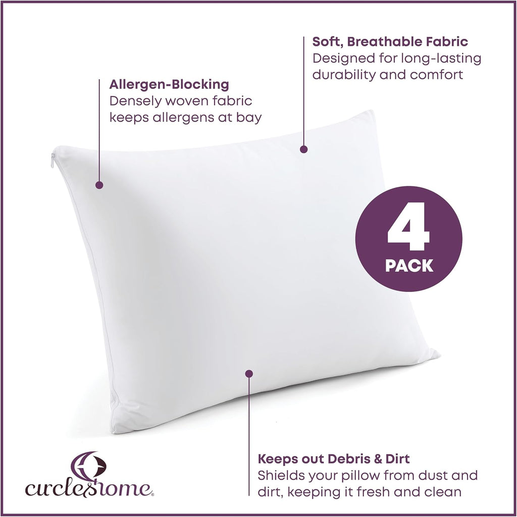 CirclesHome Pillow Protectors 4 Pack Standard Zippered - 100% Cotton Breathable Pillowcases - Protects Pillows from Dirt, Dust and Debri (Standard - Set of 4 - 20x26)