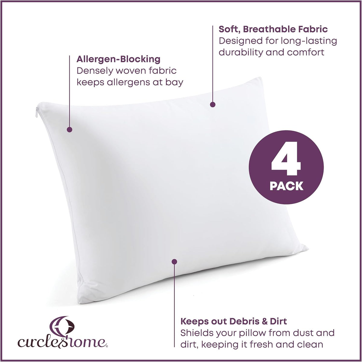 CirclesHome Pillow Protectors 4 Pack Standard Zippered - 100% Cotton Breathable Pillowcases - Protects Pillows from Dirt, Dust and Debri (Standard - Set of 4 - 20x26)