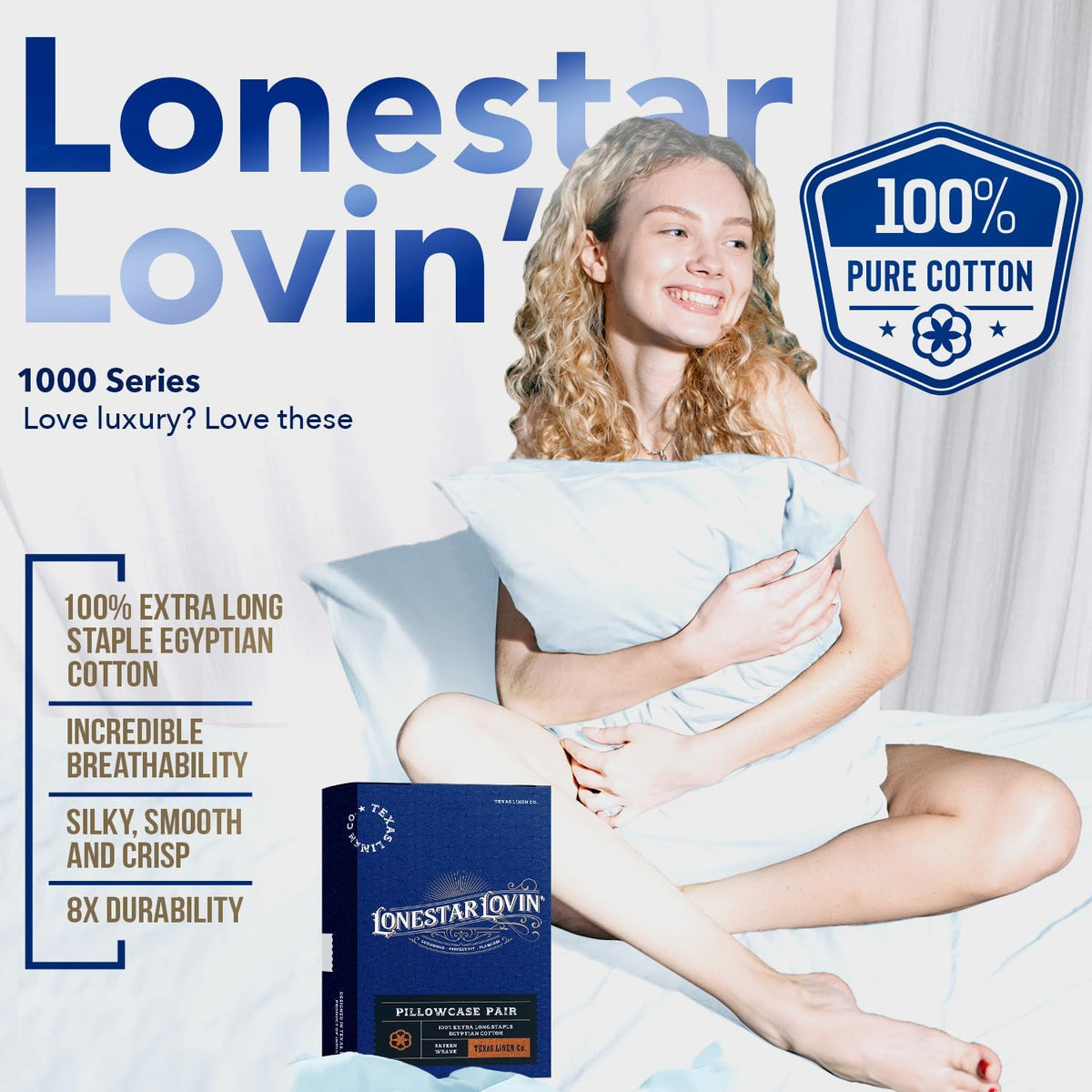 TEXAS LINEN CO. Luxury Egyptian Cotton King White Pillow Cases Set of 2-1000 Series Lonestar Lovin' Collection Pillowcases for Sleeping, Cooling Pillow Cover, Extra Long Staple Hotel Pillowcases