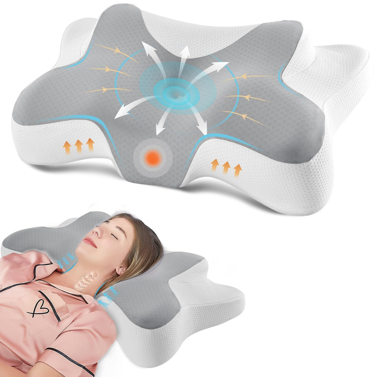 DONAMA Cervical Pillow for Neck and Shoulder Pain Relief, Cooling Contour Memory Foam Pillow, Dual-Height Ergonomic Neck Support Pillow for Side Back Stomach Sleepers with Removable Pillowcase