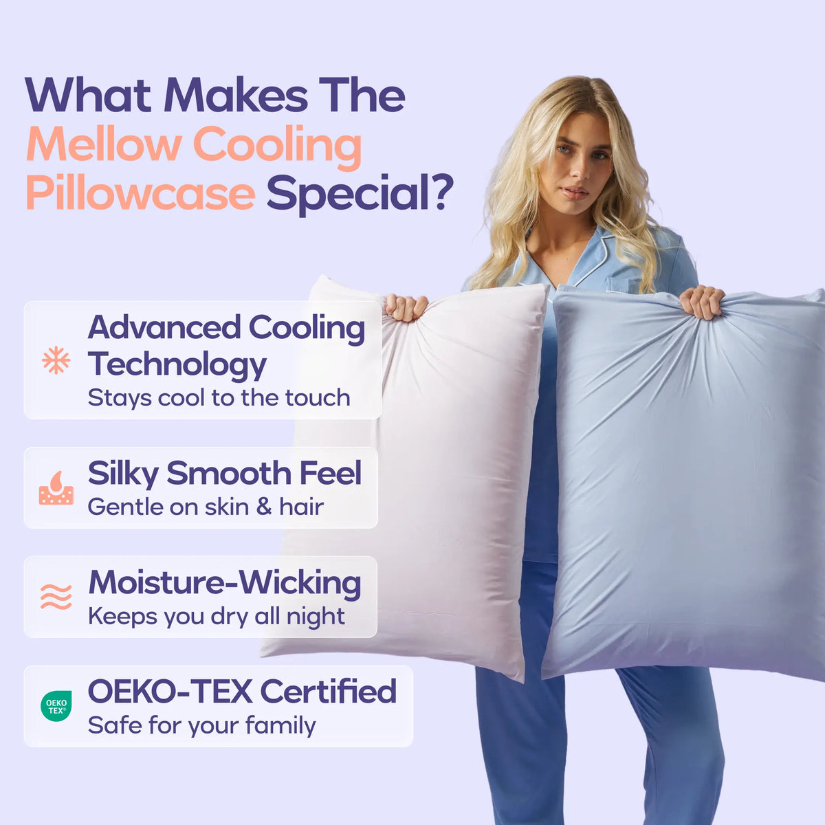 Mellow Sleep | Cooling Pillowcase (2-Pack) - Silky Smooth Wrinkle-Free Soft and Fresh All Night Sleep Enhancer