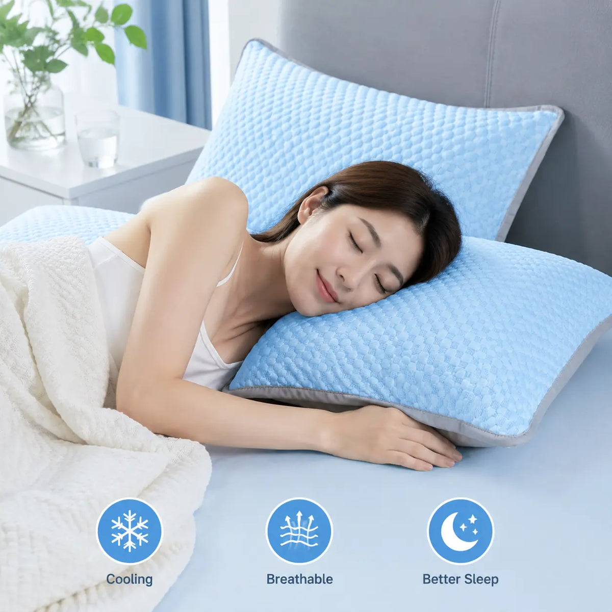 2-Pack Ice Silk Pillowcase Set, Breathable Flat Woven Plaid Bedding Pillowcases for Hot Sleepers, Bedroom Use, Relieves Overheating & Night Sweats, Soft
