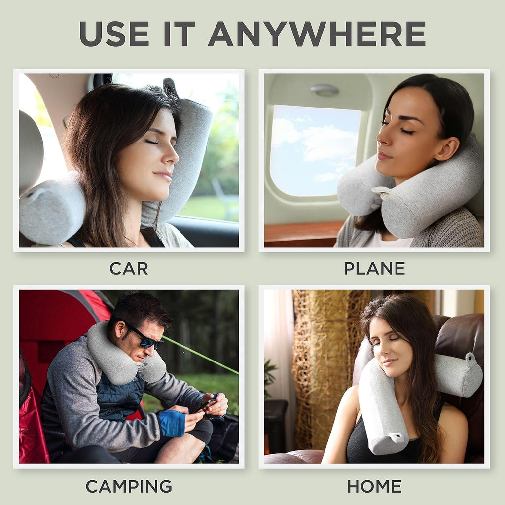 Dot&Dot Twist Memory Foam Travel Pillow, Bendable Neck Pillow for Airplane, Car and Home, 26-Inch Adjustable Roll with Washable Cotton Cover, Gray