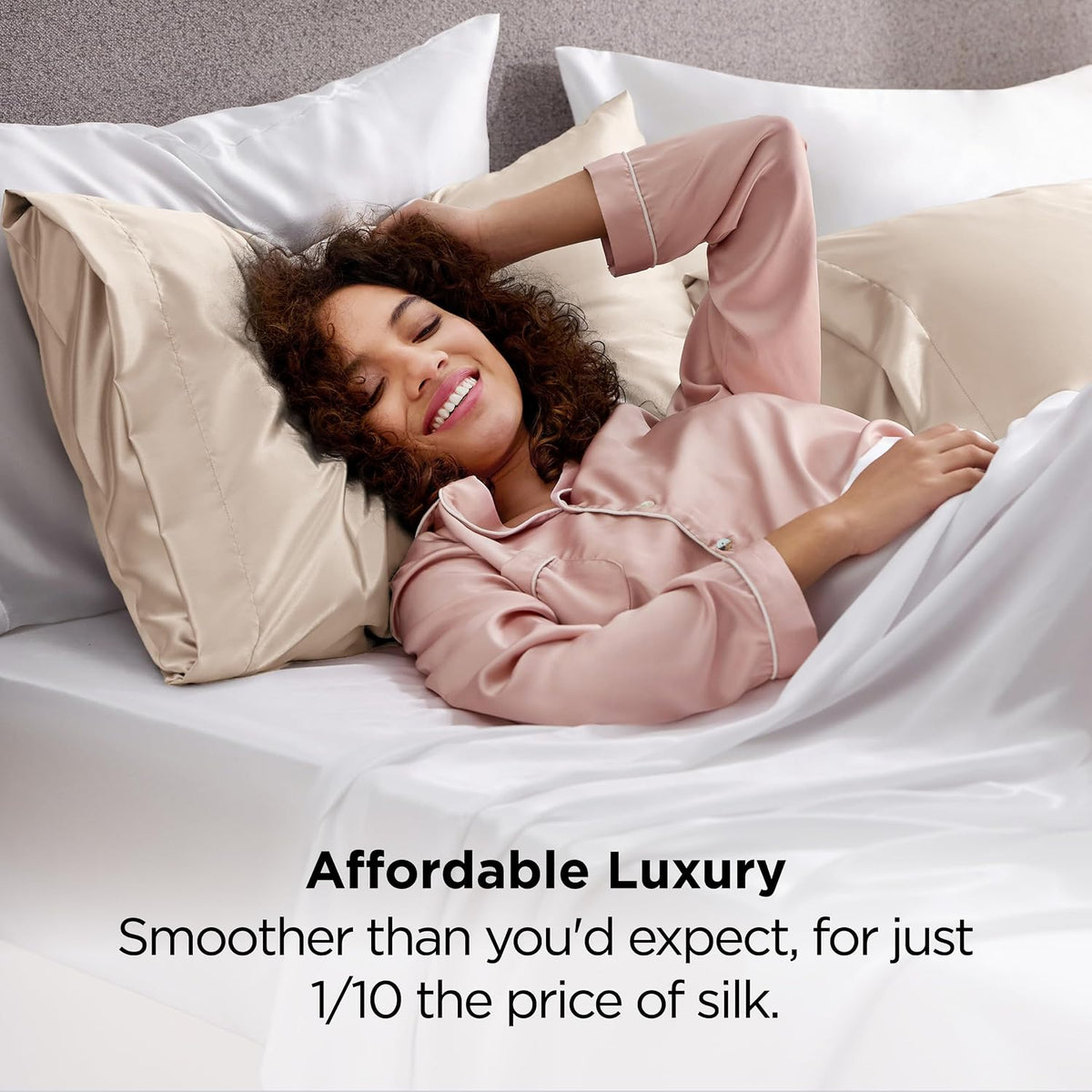 Bedsure Satin Pillowcase Standard Set of 2, Silky Pillow Cases, Beige