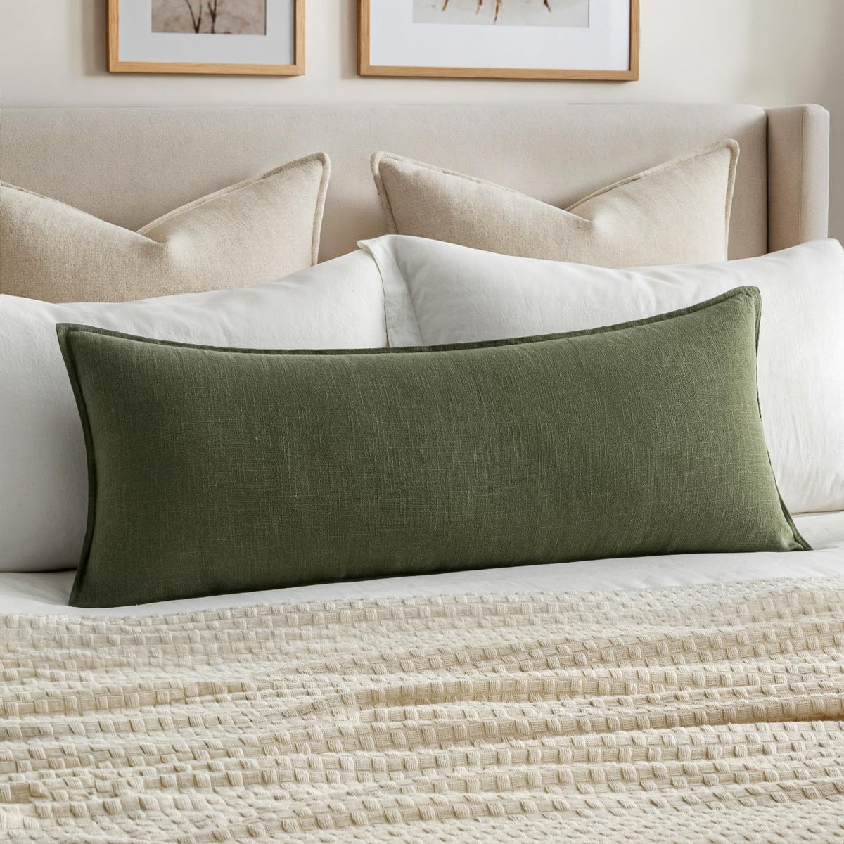 MIULEE Decorative Linen Lumbar Pillow Cover 14x36 Inch Dark Olive Green
