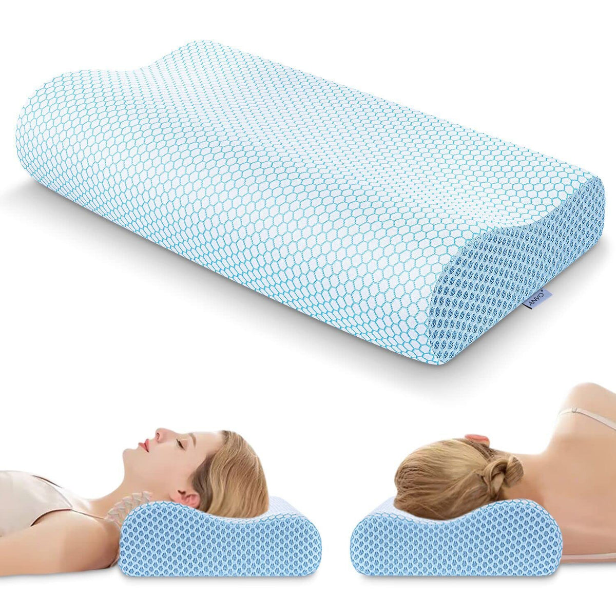 Anvo Memory Foam Pillow, Neck Contour Cervical Orthopedic Bed Pillow for Sleeping Side Back Stomach Sleeper, Ergonomic Design for Neck and Shoulder Pain Relief, Blue White, Firm
