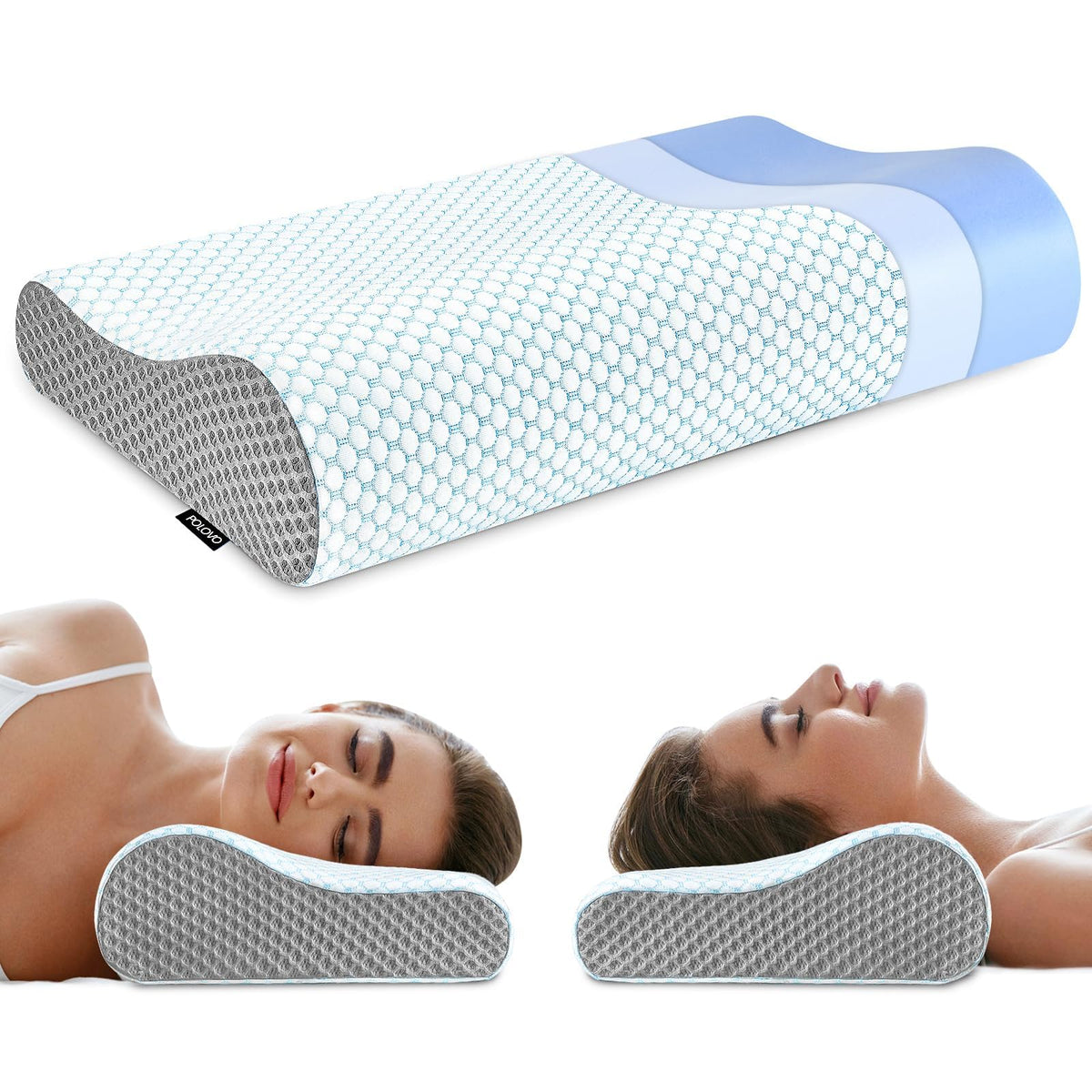 Polovo Neck Pillow Memory Foam Pillows for Sleeping, Ergonomic Cervical Pillow Neck Support Pillow Bed Pillow for Side Back Stomach Sleepers, Contour Pillow for Neck and Shoulder Pain Relief (Blue)