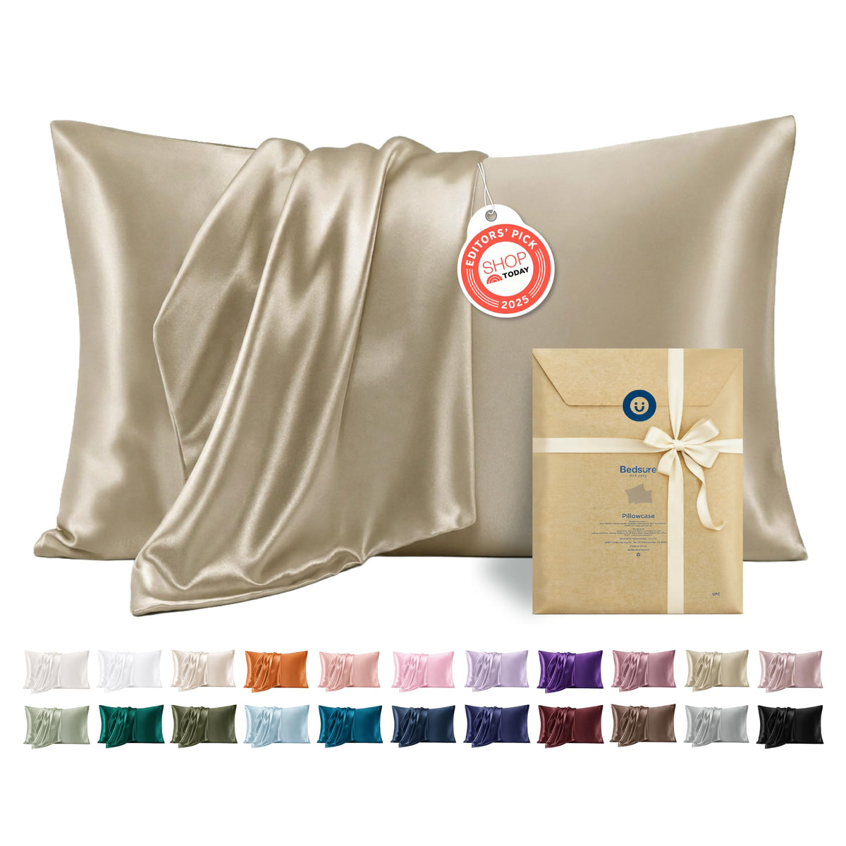 Bedsure Satin Pillowcase Standard Set of 2, Silky Pillow Cases, Beige