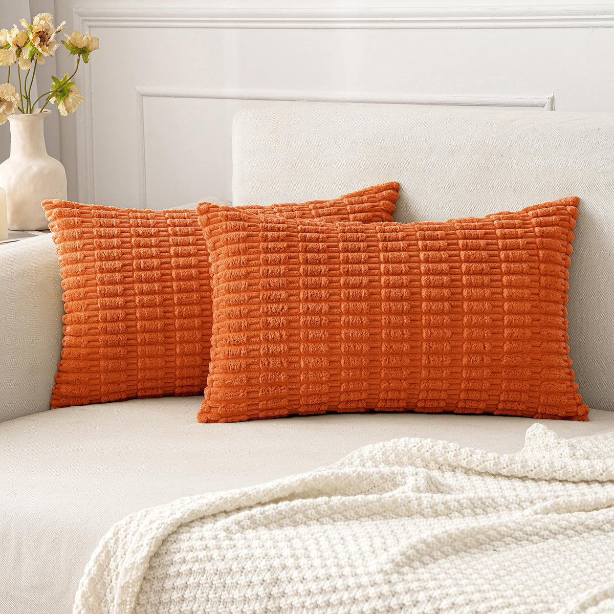 MIULEE Corduroy Decorative Throw Pillow Covers 20x20 Cream White Pack of 2
