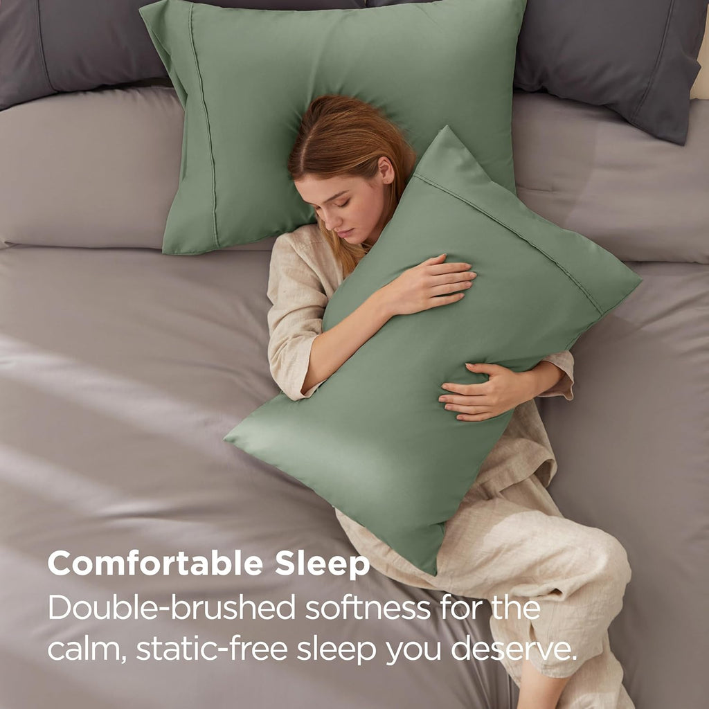 Bedsure Queen Pillow Cases Set of 2 - Sage Green Brushed Microfiber Pillowcase 2 Pack, Super Soft and Cozy Pillow Sham Covers with Envelope Closure, Wrinkle, Fade Resistant, 20x30 Inches