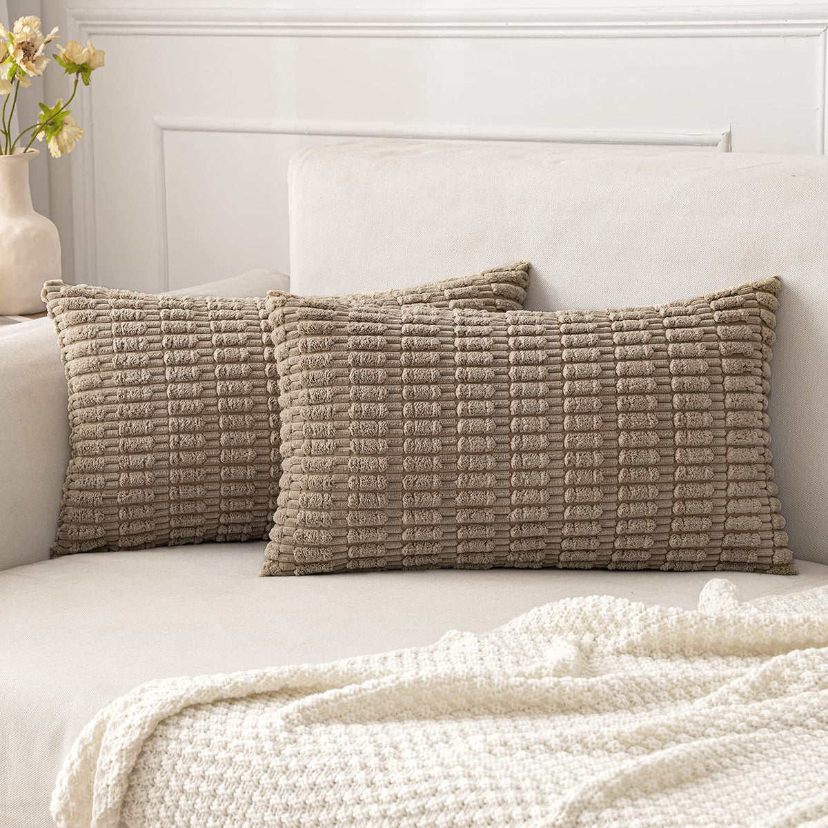 MIULEE Corduroy Decorative Throw Pillow Covers 20x20 Cream White Pack of 2