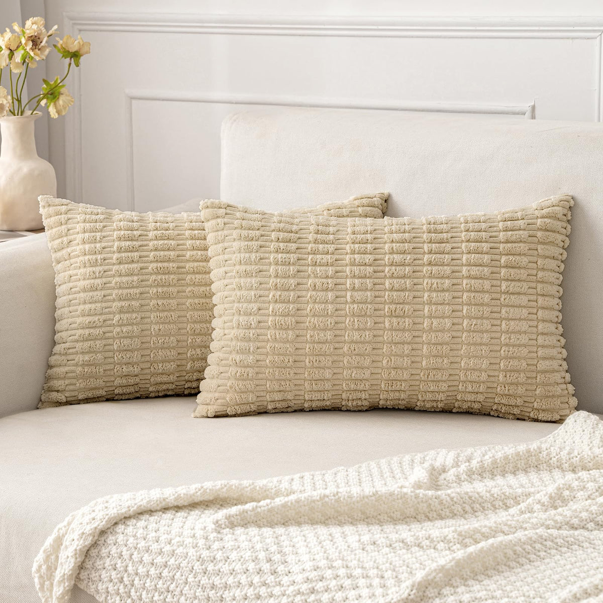 MIULEE Corduroy Decorative Throw Pillow Covers 20x20 Cream White Pack of 2
