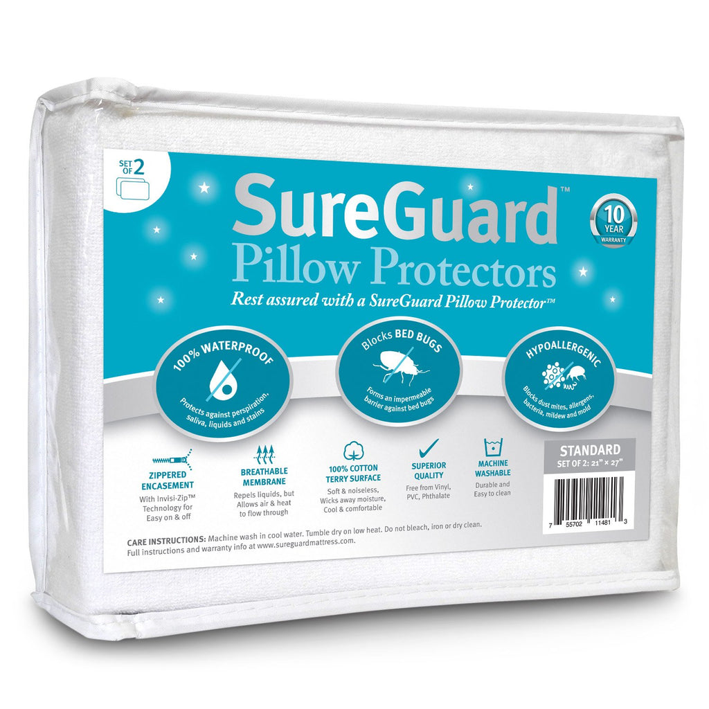 Set of 2 King Size SureGuard Pillow Protectors - 100% Waterproof, Bed Bug Proof, Hypoallergenic - Premium Zippered Cotton Covers - Smooth