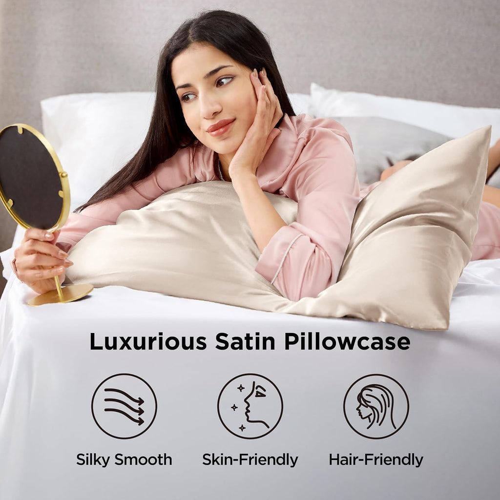 Bedsure Satin Pillowcase Standard Set of 2, Silky Pillow Cases, Beige