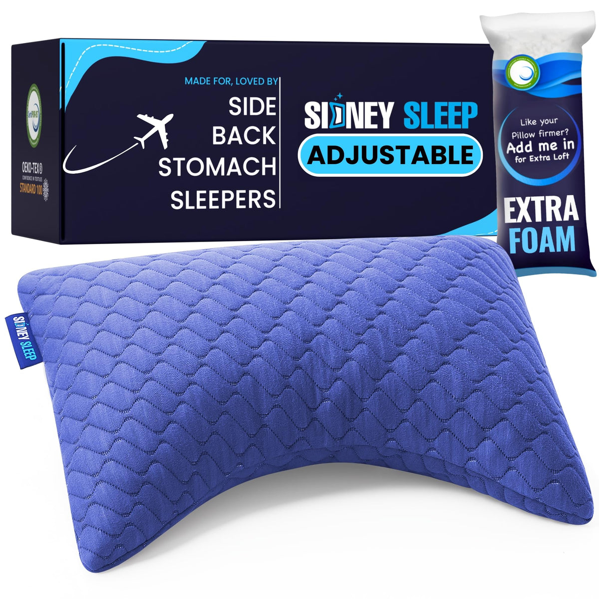 Sidney Sleep Adjustable Curved Pillows for Neck and Shoulder Support with Extra Shredded Fill - Cervical Contour Pillow for Side and Back Sleepers - Queen Size 19" x 29" CertiPUR-US Certified (White)