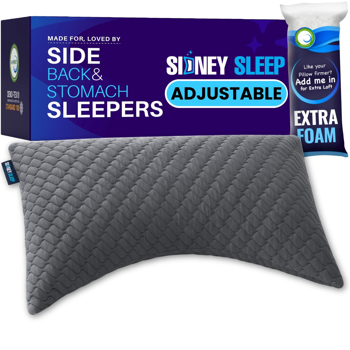 Sidney Sleep Adjustable Curved Pillows for Neck and Shoulder Support with Extra Shredded Fill - Cervical Contour Pillow for Side and Back Sleepers - Queen Size 19" x 29" CertiPUR-US Certified (White)
