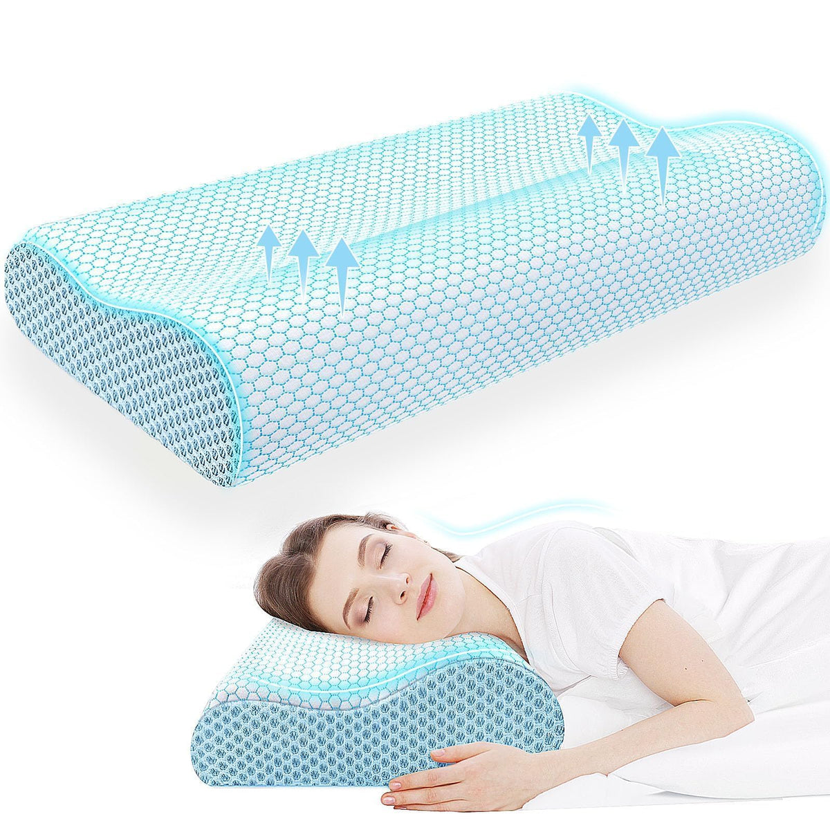 Neck Pillow for Sleeping, Ergonomic Cervical Bed Pillow, Blue Standard Size